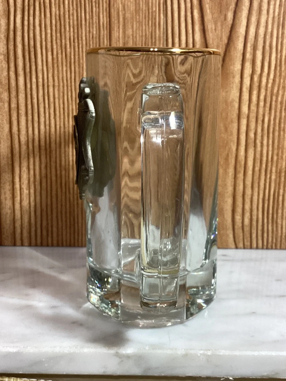 Clear Glass Golf-Themed Beer Stein with Gold Trim